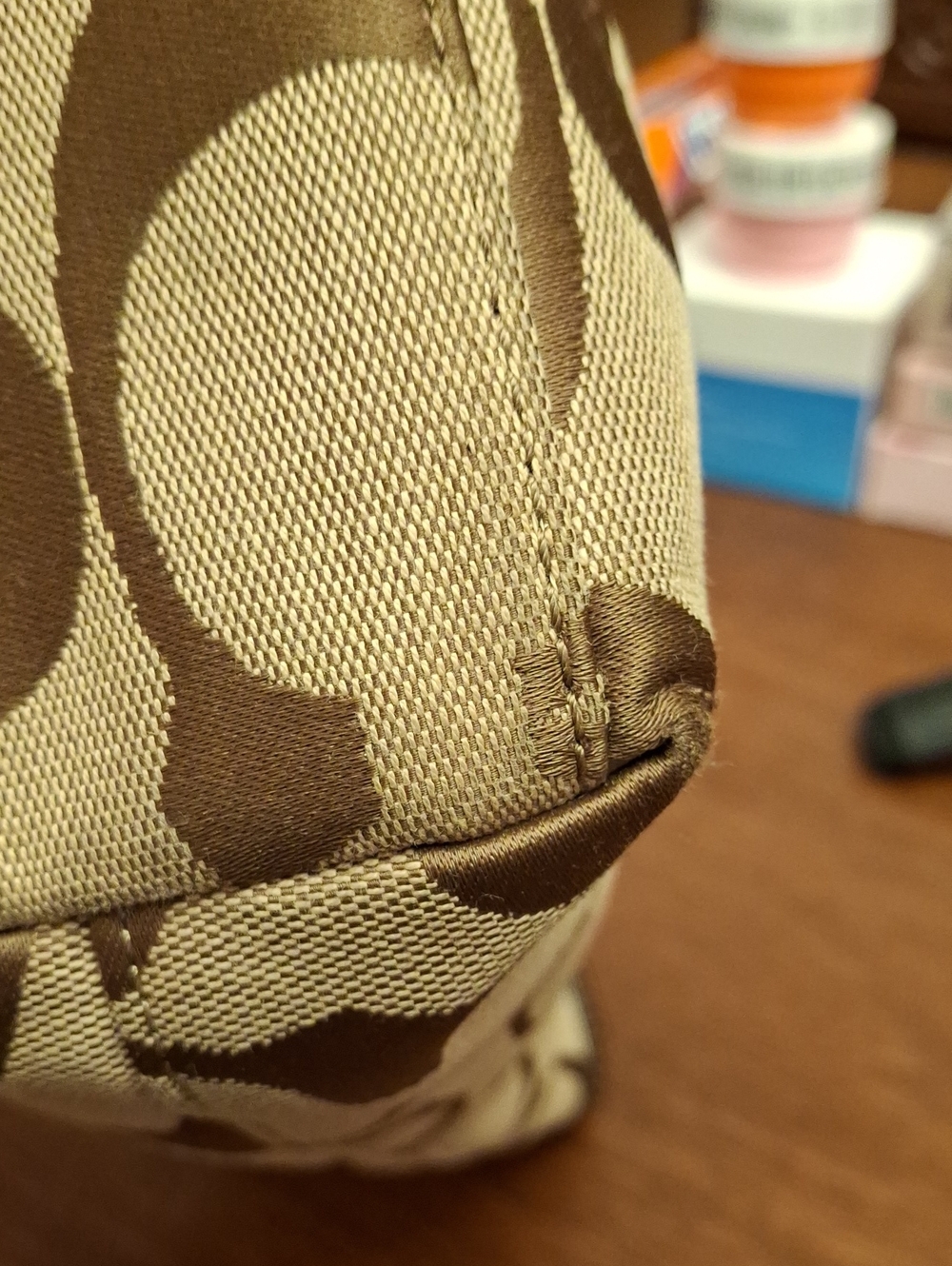 2013 Jan Coach signature-pattern canvas tote dark brown Accents Prelove Like New - Picture 8 of 16